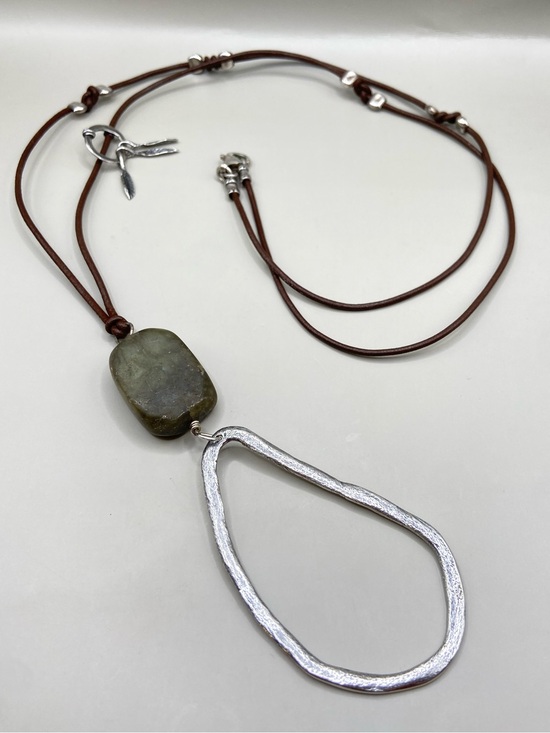Silpada Jewelry - Silpada Brown Leather Necklace with Green Stone and Silver Teardrop Pendant